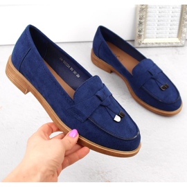 Zamszowe półbuty damskie na niskim obcasie wsuwane niebieskie Vinceza