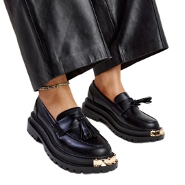 Czarne masywne mokasyny ze złotymi wstawkami Tuga