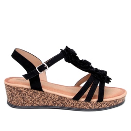 Sandałki na koturnie z kwiatami Fisken Black czarne