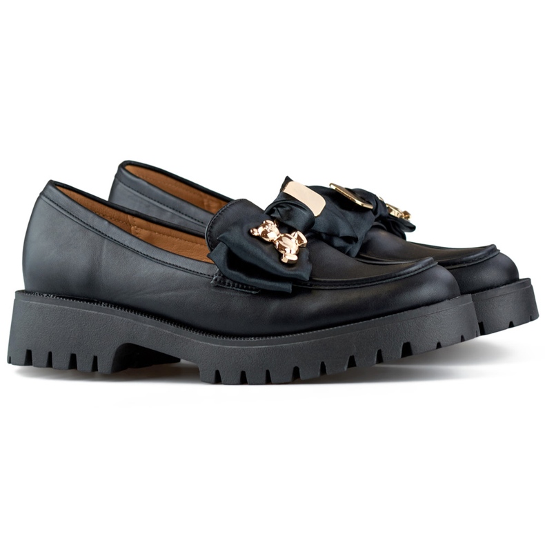 Czarne loafersy z kokardą mokasyny z misiem