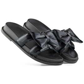 Czarne klapki z kokardą damskie z ekoskóry