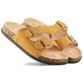 Karmelowe klapki damskie z dwiema klamrami brązowe