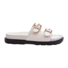 Klapki Damskie Eko Skórzane Z Klamrami Białe Valmira