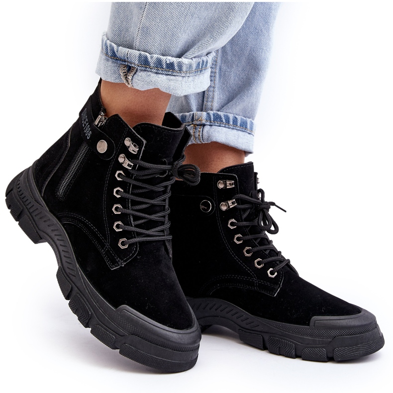 PS1 Ocieplane Zamszowe Damskie Botki Trapery Czarne Jailina