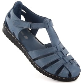 Skórzane sandały damskie pełne ażurowe niebieskie T.Sokolski A88