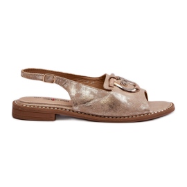 Eleganckie Sandały Damskie Ze Złotą Ozdobą Na Płaskim Obcasie Złote S.Barski KV27-053 złoty