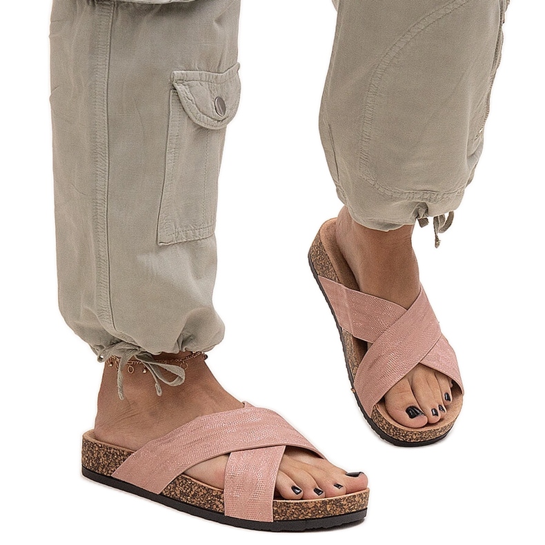 Kapki na korkowej podeszwie z połyskiem Ribera różowe