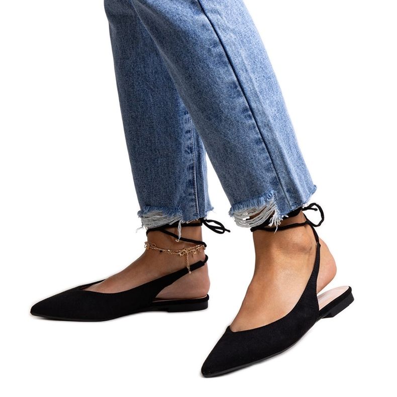 Wiązane czarne balerinki z odkrytą piętą Leaia