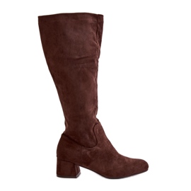 Eko Zamszowe Kozaki Damskie Przed Kolano Na Zamek Brązowe Elitara