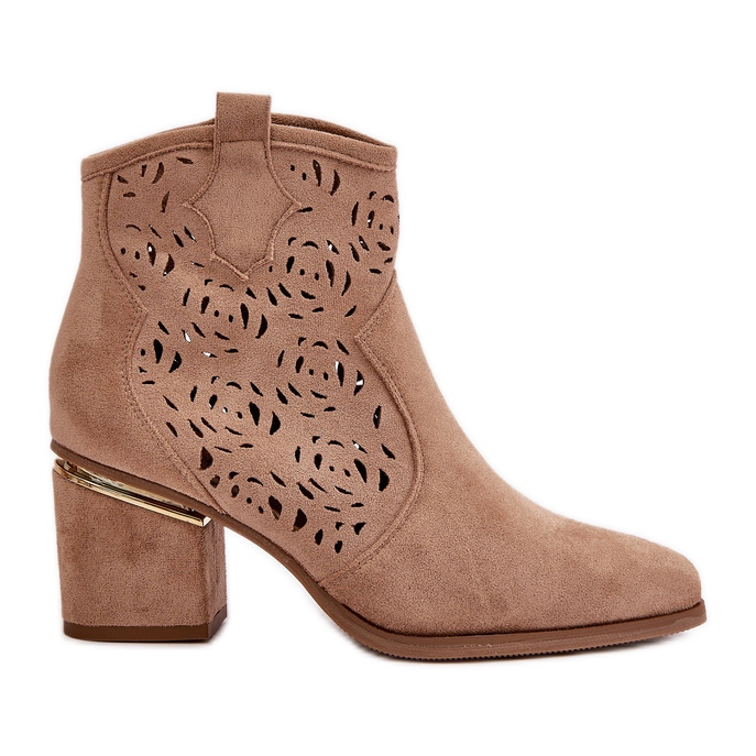 Ażurowe Botki Kowbojki Na Słupku Zapinane Na Zamek Beżowe Vosilara beżowy