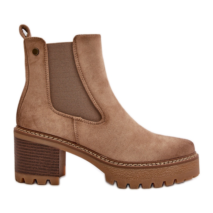 Botki Damskie Ocieplane Na Słupku Eko Zamszowe Beżowe Irissinae beżowy