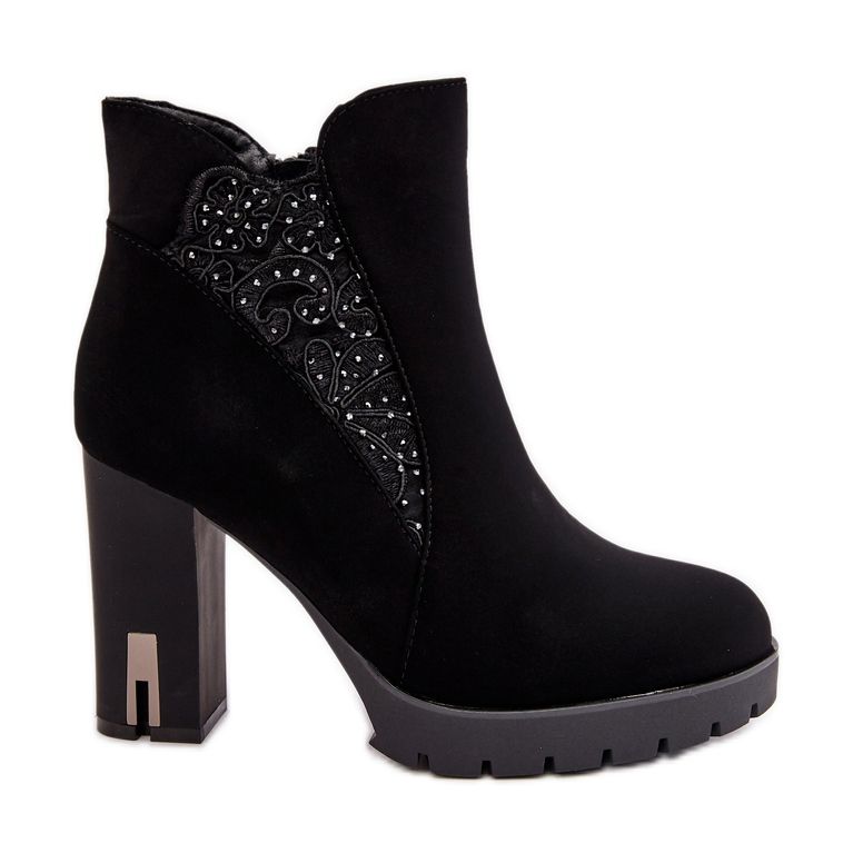 PS1 Ocieplane Botki Damskie Na Wysokim Słupku Z Haftem Czarne Verissae