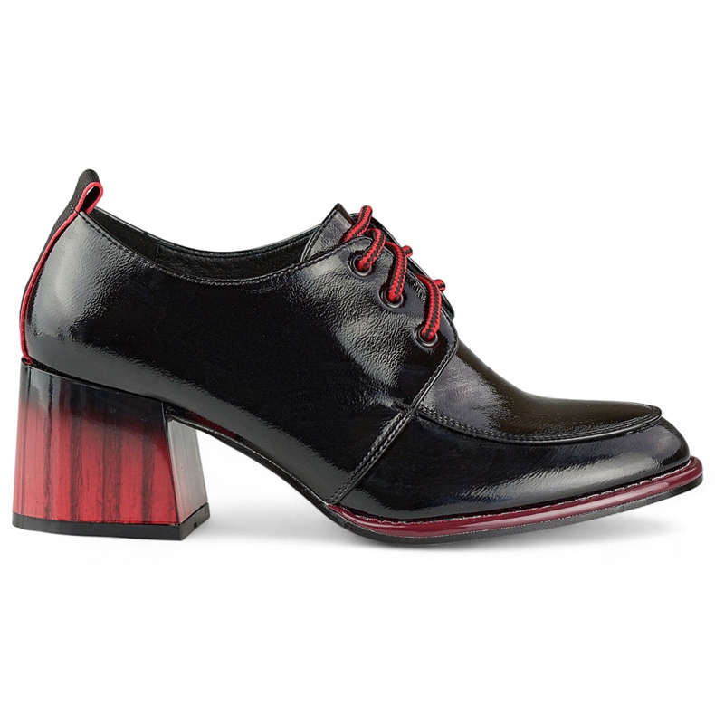 Lakierowane czarne botki na czerwonym słupku eleganckie półbuty damskie