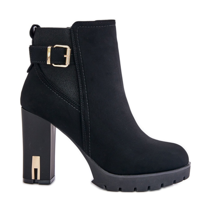 Botki Damskie Ze Złotą Klamrą Na Słupku Ocieplane Czarne Erilanes