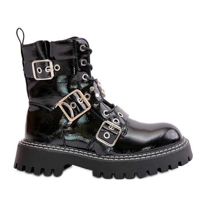 Lakierowane Botki Workery Z Klamrami Czarne Serizia