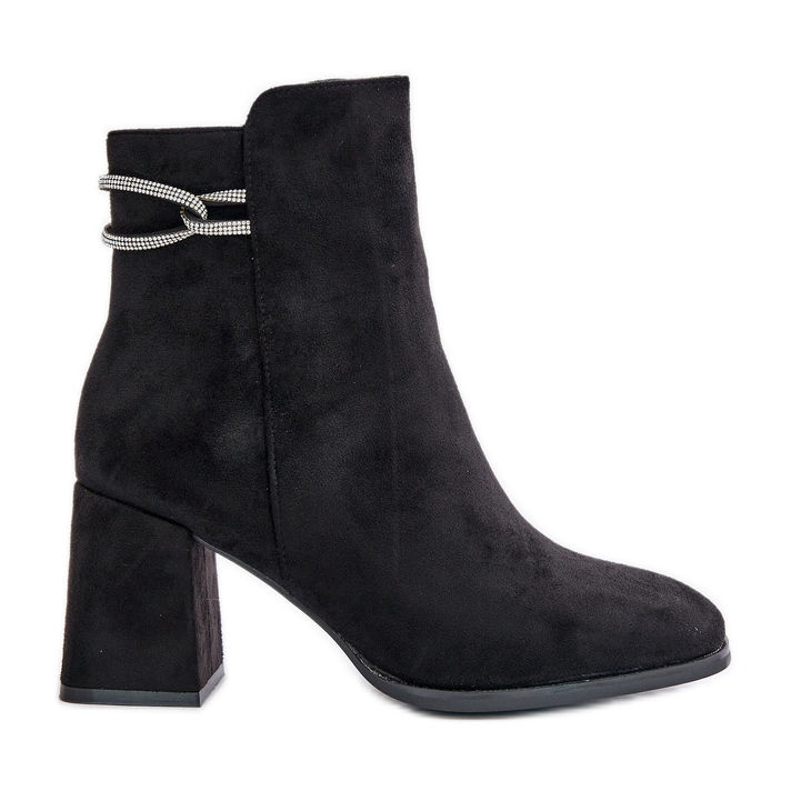 Ocieplane Botki Damskie Na Słupku Eko Zamszowe Czarne Saivia