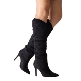 Czarne kozaki na szpilce z marszczeniem Aine