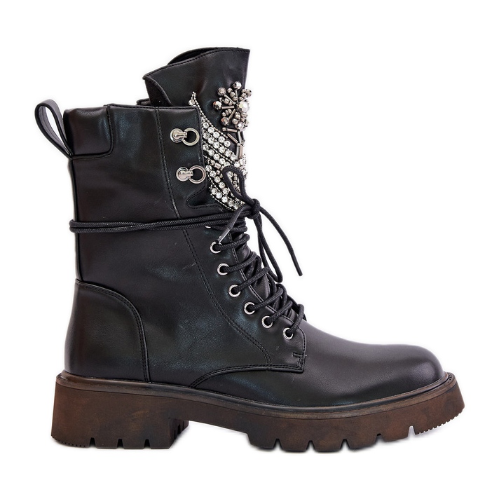S.Barski Eko Skórzane Botki Workery Ze Zdobieniem Ocieplane D&A MR880-080 Czarne