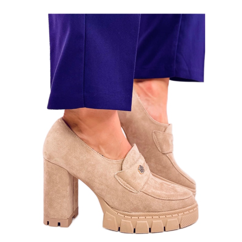 Mokasyny na obcasie i platformie Khaki beżowy