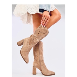 Kozaki ażurowe na obcasie Strokes Khaki - Inello brązowe