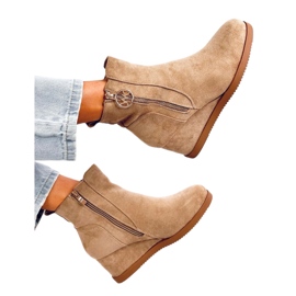 Botki na koturnie ze złotym suwakiem Khaki beżowy