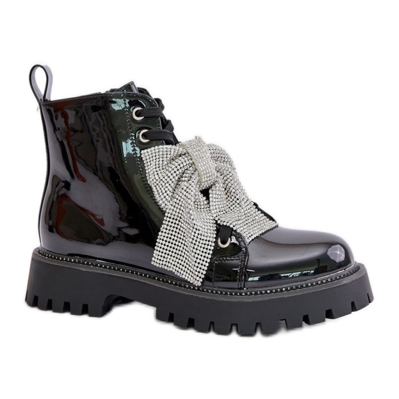 Lakierowane botki damskie z kokardą Black czarne