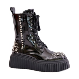 S.Barski Lakierowane botki na platformie ze zdobieniem Black czarne