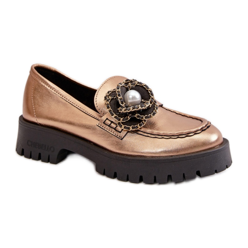 Mokasyny damskie z kwiatkiem ozdobnym Gold złoty