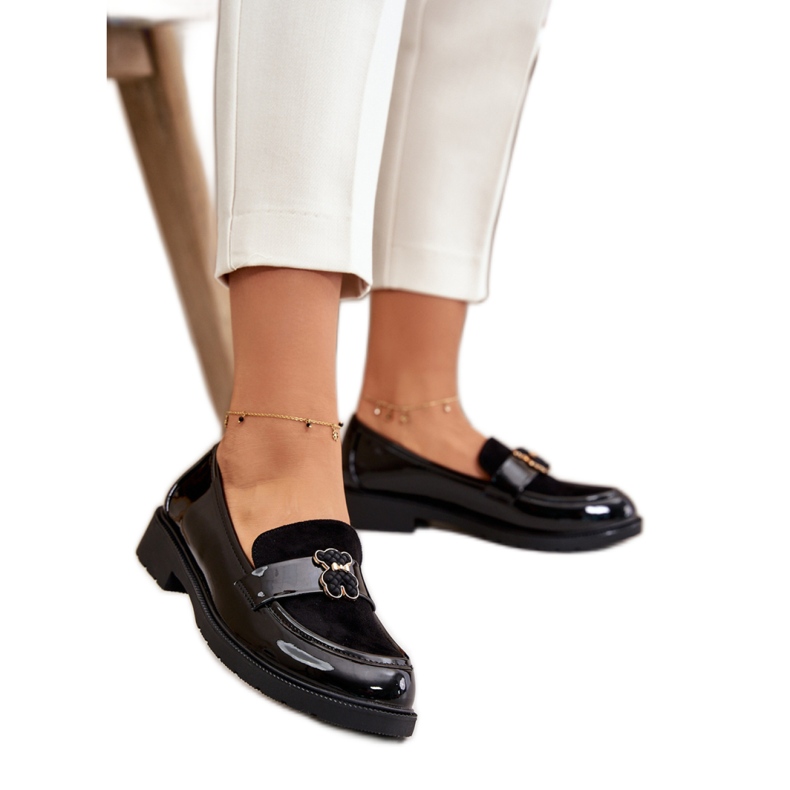 Mokasyny damskie z ozodbą S.Barski Black Lakier czarne