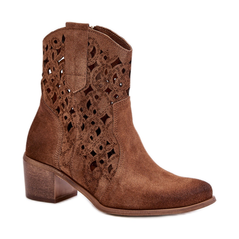 Lewski Botki zamszowe z ażurową cholewką brązowe