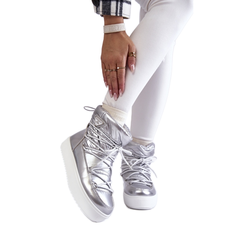 Śniegowce damskie na platformie sznurowane Silver szare