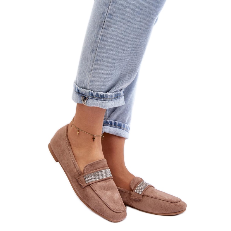 Mokasyny damskie z cyrkoniami Brown brązowe