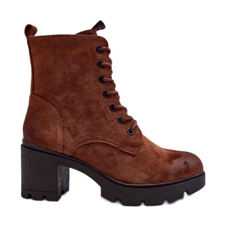 Botki damskie z eko zamszu na słupku brązowe