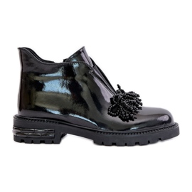 S.Barski Skórzane Lakierowane Botki Z Ozdobą Ocieplane D&A LZ42-036 Czarne