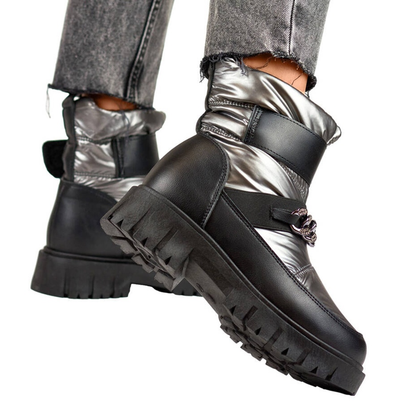 Śniegowce damskie z łańcuszkiem na rzep metaliczne srebrne JH-5SI srebrny