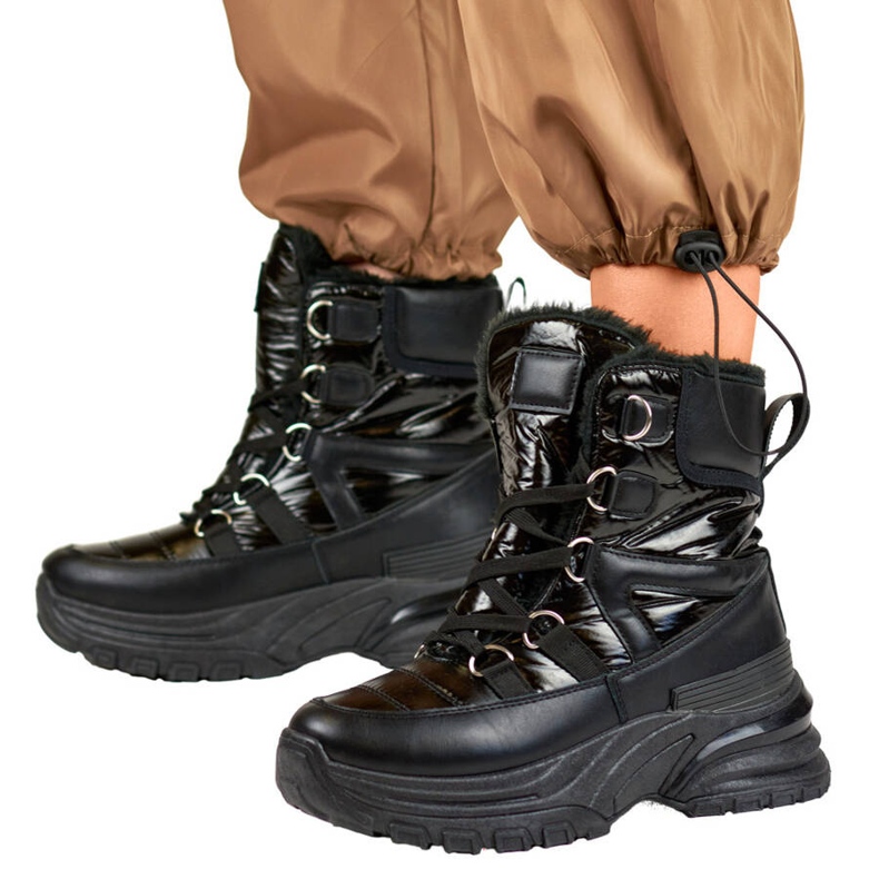 Śniegowce damskie botki połyskujące czarne 22-PY16061B