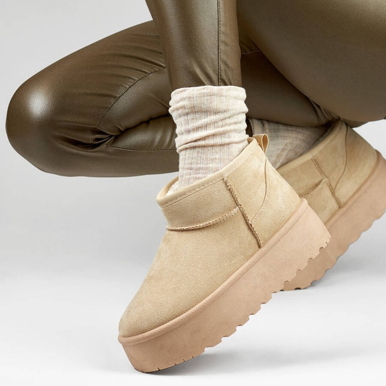 Śniegowce damskie botki na platformie jasny beż TL242-BE beżowy