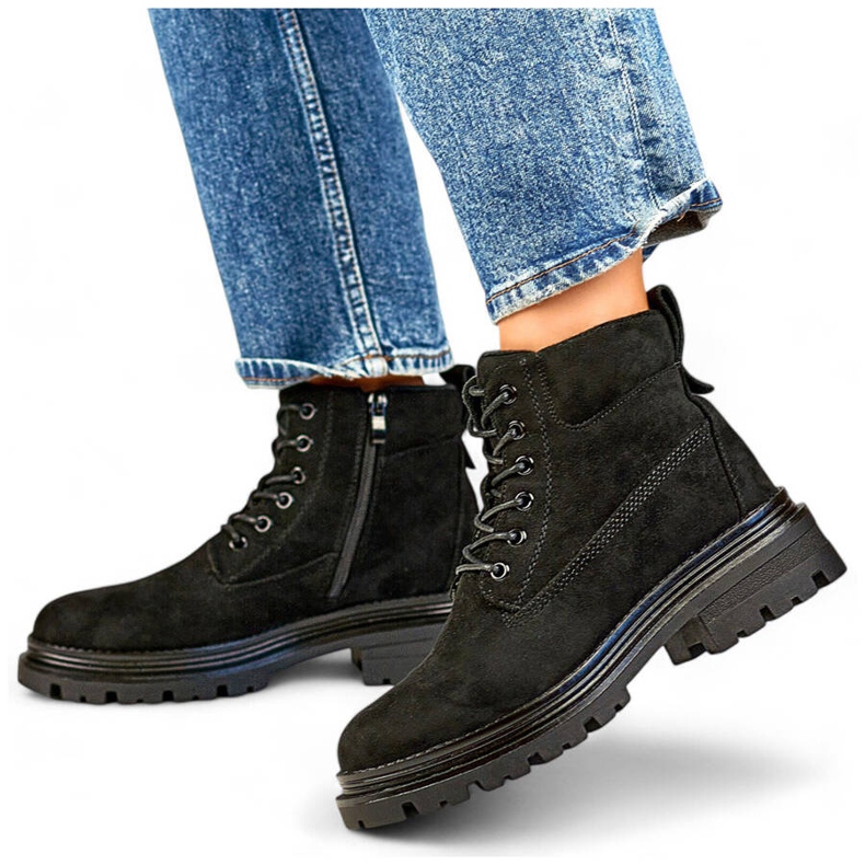 Botki damskie zamszowe ocieplane traperki czarne A5201B