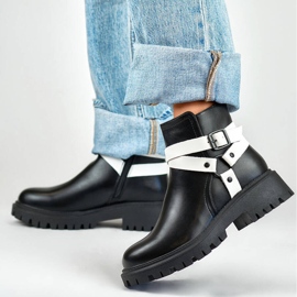 Botki damskie ocieplane workery z paskami czarne 250043BW-PU białe