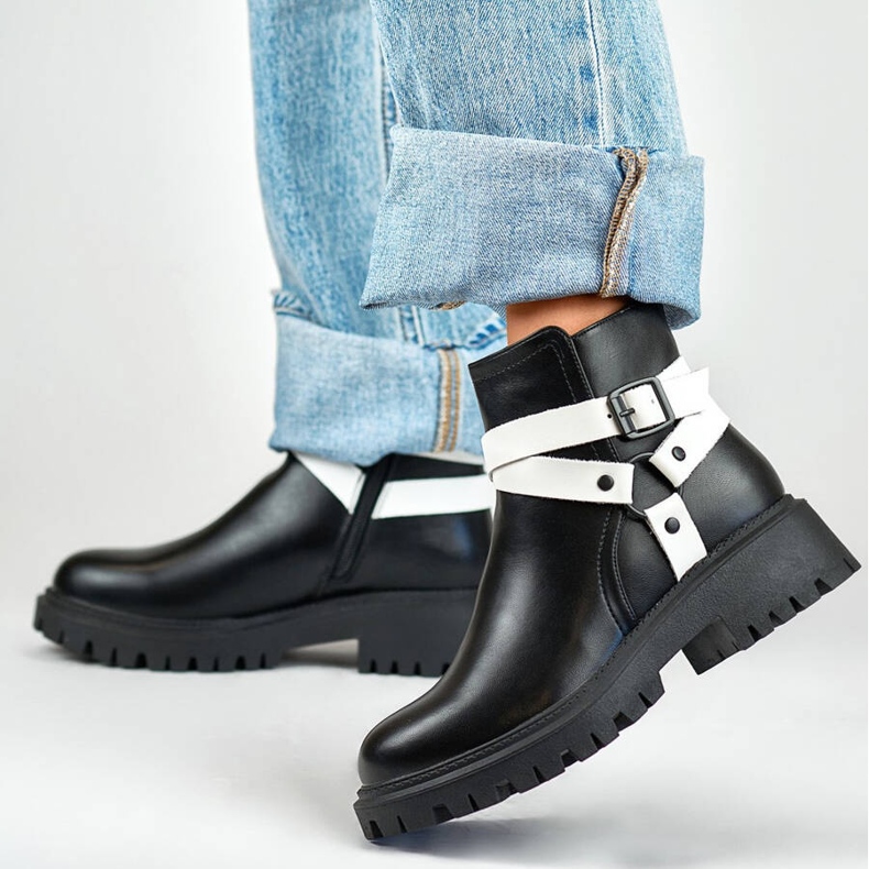 Botki damskie ocieplane workery z paskami czarne 250043BW-PU białe