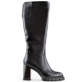 Czarne kozaki do kolan na wysokim obcasie ocieplane kozaki damskie na słupku ekoskóra