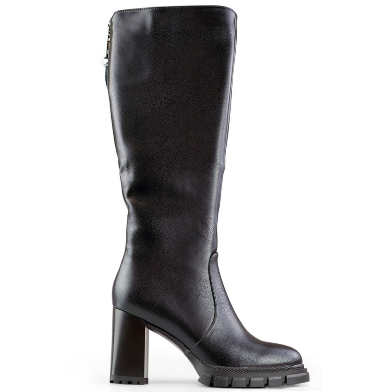 Czarne kozaki do kolan na wysokim obcasie ocieplane kozaki damskie na słupku ekoskóra