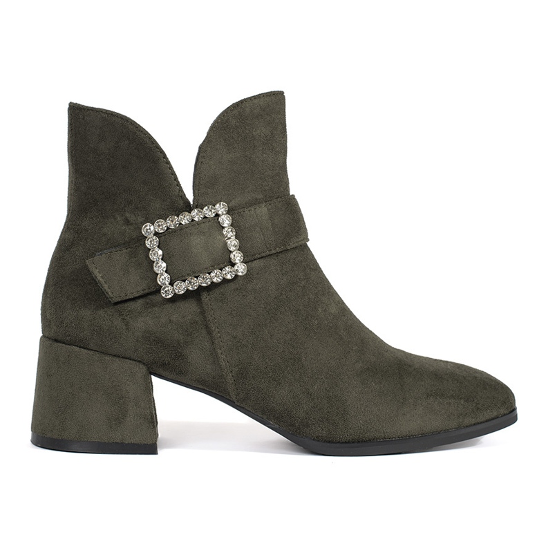 Ciemnozielone zamszowe botki damskie ze srebrną klamrą