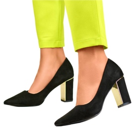 Czółenka damskie w szpic na wysokim ozdobnym obcasie zamszowe czarne GD-DO112A-B