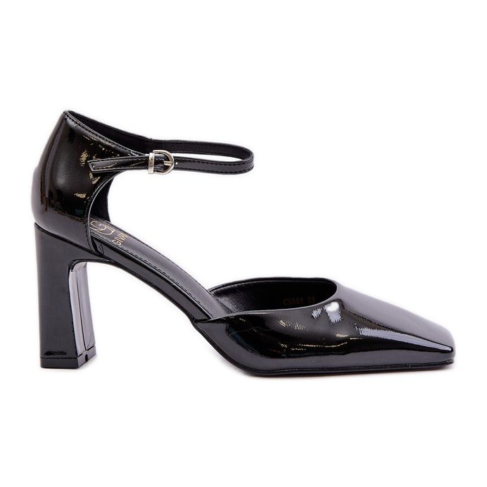 Czółenka Na Słupku Z Lakierowanej Eko Skóry Czarne Emindria