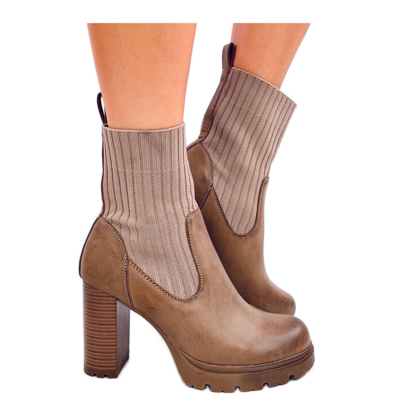 Botki na obcasie ze ściagaczem  Khaki brązowe