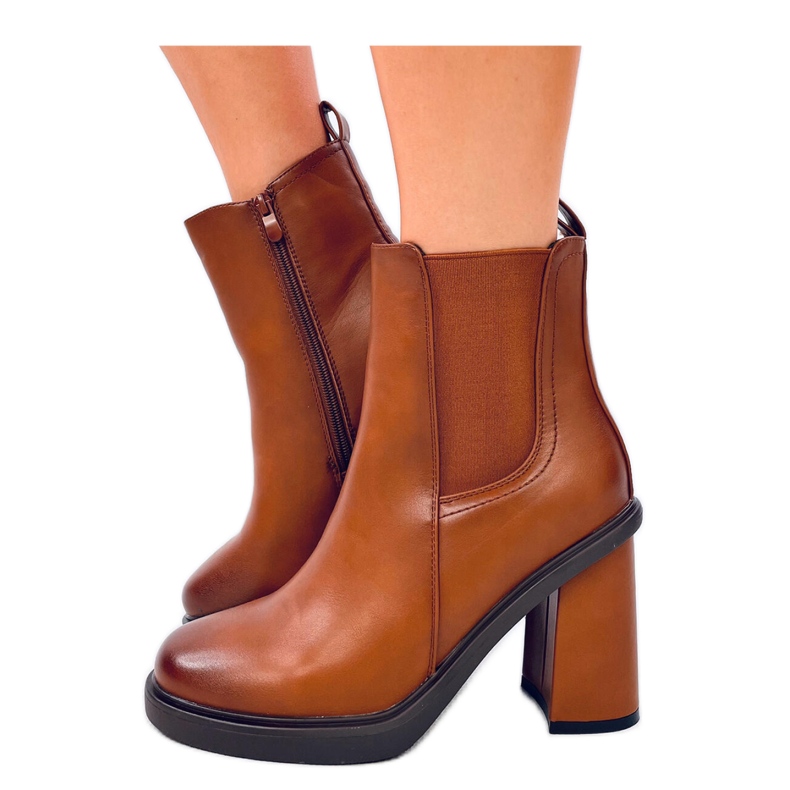 Botki sztyblety na obcasie Camel brązowe