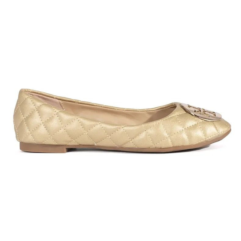 Złote pikowane baleriny damskie z ozdobą złoty