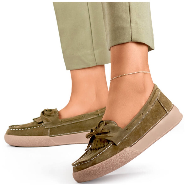 Skórzane mokasyny damskie khaki-zielone Goodin GD-SW4005KH