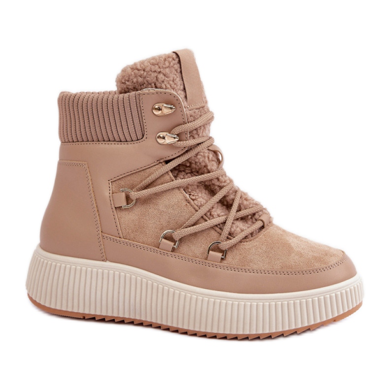 Śniegowce Damskie Botki Ocieplane MD9944-7 beżowe brązowe